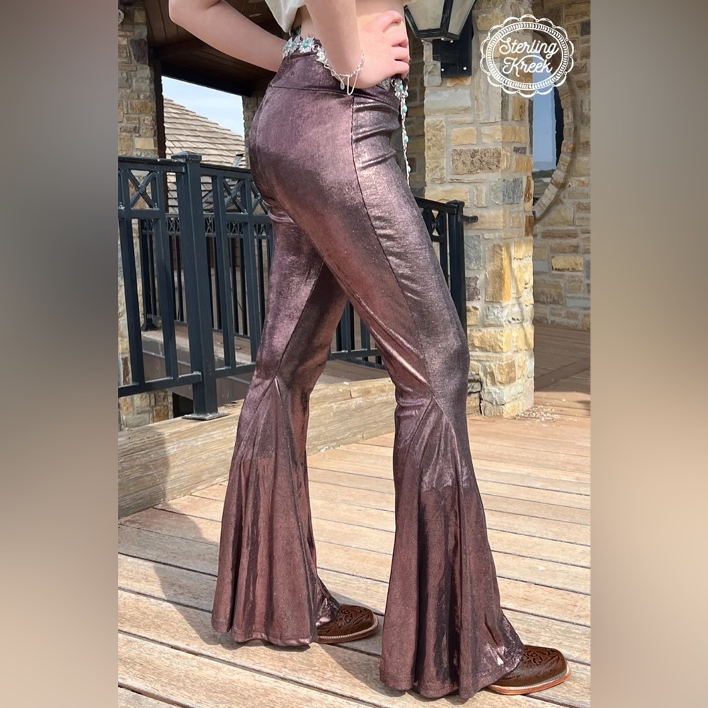 Copper metallic stretch bell bottom pants